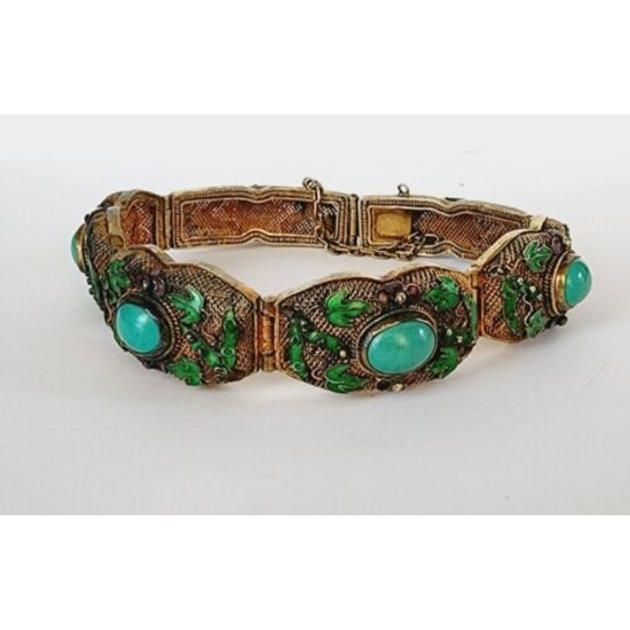 Antique Chinese Export Asian Turquoise Silver Leaves Enamel Filigree Bracelet